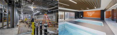 A rendering of hydrotherapy pools with a VT sign on an orange wall in the renovated football locker room