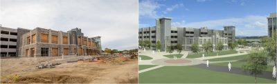 Exterior construction progress photo on the left compared to an exterior rendering of the planned Multimodal Transit Facility on the right