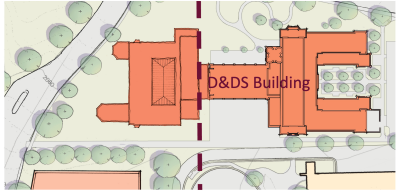 Rendering of where the New Business Building will be, attached to the Data and Decision Sciences building. This image is a generic green landscape background with a building sketch in orange maroon colors.