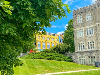 Holden Hall construction in distance from Drillfield surrounded by green grass and green branches.