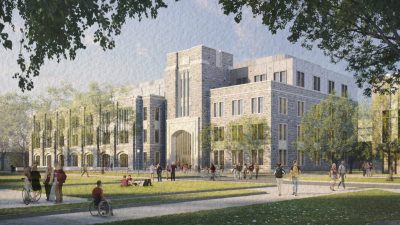 Rendering of the exterior of Mitchell Hall with grey hokie stone and glass