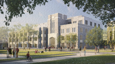 Rendering of the exterior of the replacement of Randolph Hall with grey hokie stone and glass