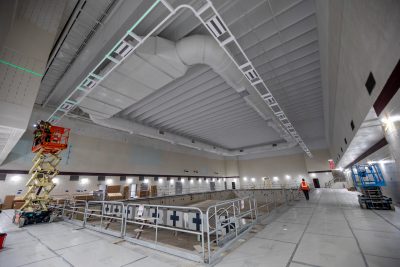 Wide angle view of the inside of War Memorial gym being renovated