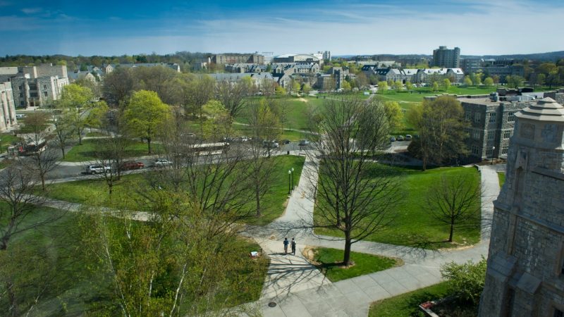 Drill Field as viewed from McBryde Hall, campus, spring, High angle, late afternoon