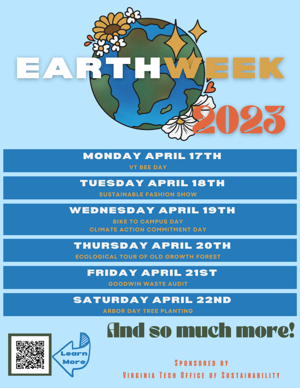 This image is a flyer showing the themes for each of the days of earth week. The background is blue with a big earth at the top and the words "Earth Week" angled on top of that. 