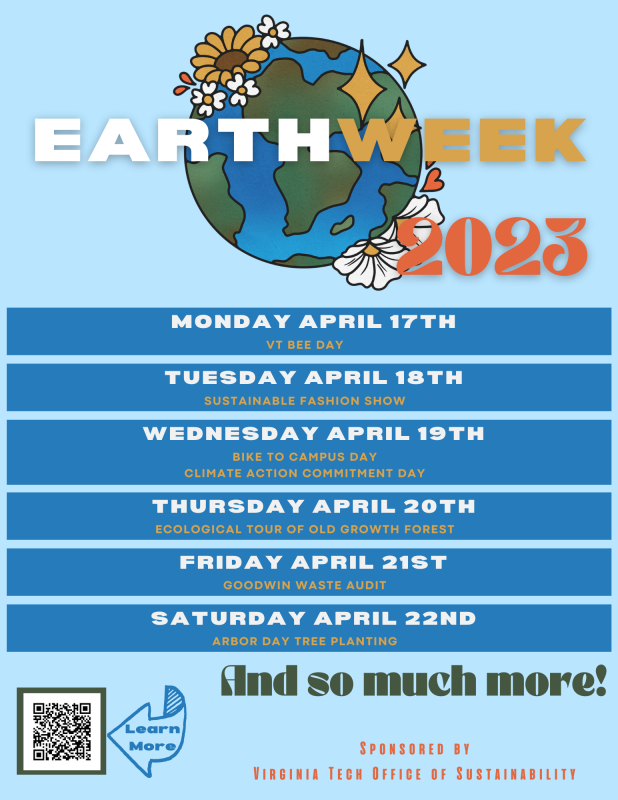 This image is a flyer showing the themes for each of the days of earth week. The background is blue with a big earth at the top and the words "Earth Week" angled on top of that.