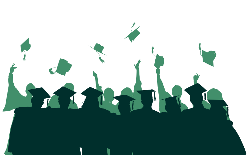 green graphic of people in cap and gown, celebrating