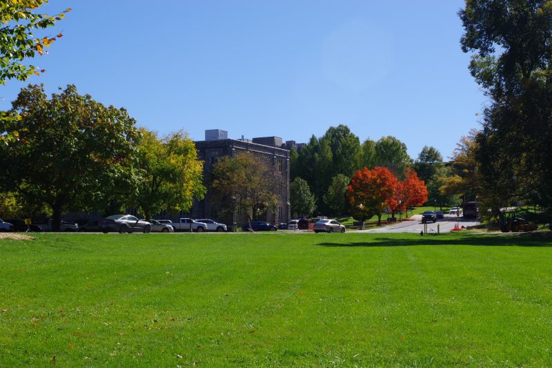 A field of green grass with cars and hokie stone buildings in the background.
