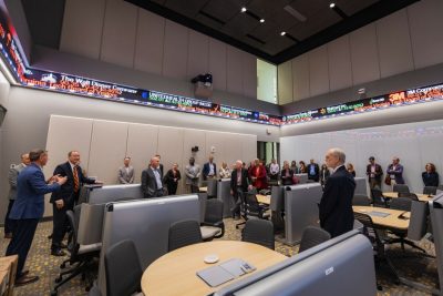 Members of Virginia Tech’s Board of Visitors members touring the new Data and Decision Sciences Building in June. Photo by Luke Hayes for Virginia Tech. 