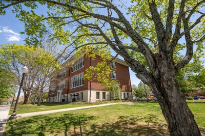 A red brick academic building with large white-trimmed windows stands on a gently sloped lawn surrounded by trees with fresh green spring leaves. A large tree trunk dominates the foreground, and a paved sidewalk and lamp posts line the edge of the grassy area under a bright blue sky with scattered clouds.