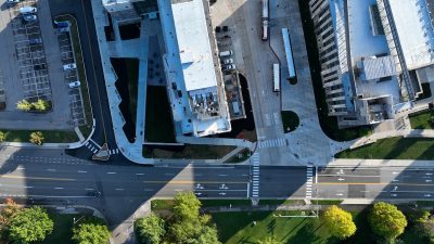 Drone view of Undergraduate Science Laboratory Building featuring Perry Street and surrounding area. 