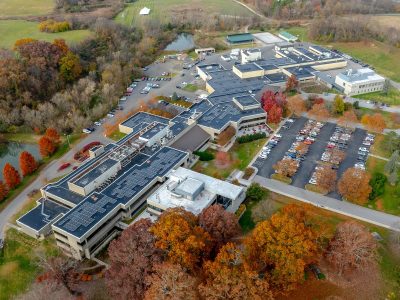 Drone view of Virginia-Maryland College of Veterinary Medicine during fall. 