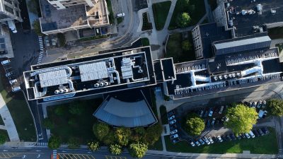 A drone view of West Campus Drive featuring Hahn Hall North and Hahn Hall South and surrounding area. 