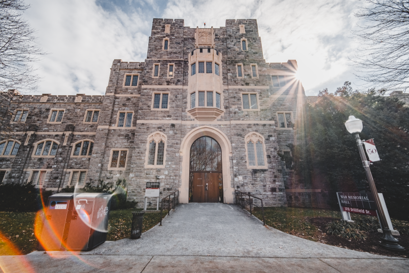 The entrance to War Memorial Hall in sunlight.