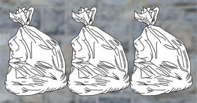 Three plastic bags that look hand-drawn against a blurry Hokie Stone backdrop